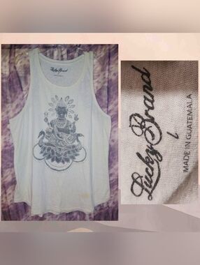 Lucky Brand brand Off White/Multicolor Buddha Print Soft Knit Tank Top Sz Large